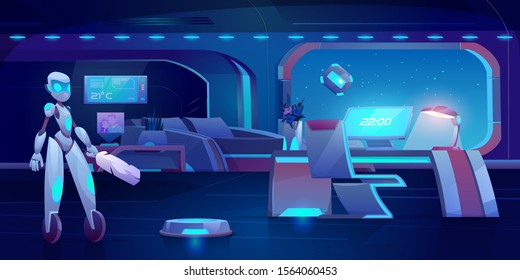 Robot assistant, automatic vacuum and window cleaner in futuristic bedroom with neon glowing furniture at night. Apartment interior with household technologties of future . Cartoon vector illustration