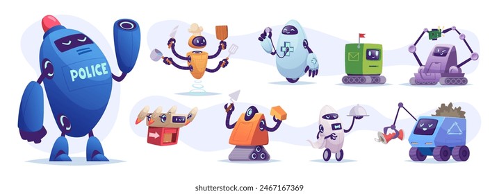 Robot assistant. Bionic prosthesis chatbot and robot from cleaning service exact vector computing smart assistants people helpers