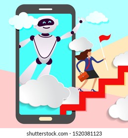 robot assistant in business from screen of mobile device prompts head direction for movement to success