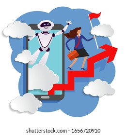 robot assistant in business from screen of mobile device prompts head direction for movement to success
