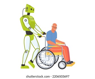 Robot assistant caregiver help person vector. AI robotic medicine pushing wheelchair with patient illustration. Futuristic artificial Intelligence technology and people healthcare