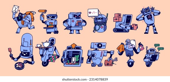 Robot assistant characters set. Cute AI machines for different services, cleaning, cooking, delivery, repairing, healthcare. Smart androids in retro style. Isolated flat graphic vector illustrations