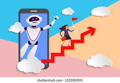 robot assistant chat gpt in business from screen of mobile device prompts head direction for movement to success