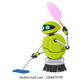 Robot assistant cleaning floor vector flat icon isolated on white background. AI robotic machine working daily routine chores using broom and mop illustration. Artificial intelligence technology