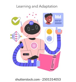 Robot Assistant concept. AI bot showcases learning capabilities with icons representing tasks, emotions, and user interaction. Vector illustration.