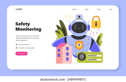 Concepto de asistente de robot. Un tutor automático que asegura un hogar en una interfaz digital con un equipo de monitoreo. Tecnología de seguridad inteligente y protección. Ilustración vectorial.