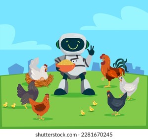 Robot assistant feeding chickens vector illustration. Happy robot with bowl taking care of birds and livestock on farm. Artificial intelligence, application of robotics in farming, technology concept