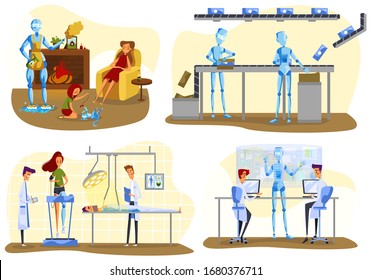 Robot assistant, future technologies, artificial intelligence vector illustration. People and machine cooperation, robot doing housework, packing products. Doctors research artificial prosthetic limbs