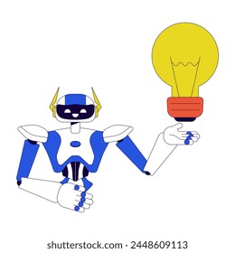 Robot assistant generating idea 2D linear cartoon character. Technology innovation. Robotics humanoid isolated line vector personage white background. Lightbulb holding color flat spot illustration