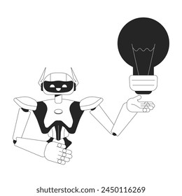 Robot assistant generating idea black and white 2D line cartoon character. Robotics holding lightbulb isolated vector outline personage. Technology innovation monochromatic flat spot illustration