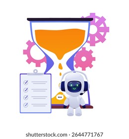 Robot assistant in headset, standing in front of hourglass and gears, holding checklist with completed tasks. Concepts of communication, productivity. Vector flat illustration. Isolated background.