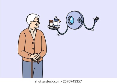 Robot assistant helps elderly person by bringing medications to combat age-related diseases. Robot assistant from science fiction books flies near gray-haired grandfather with crutch in hands.