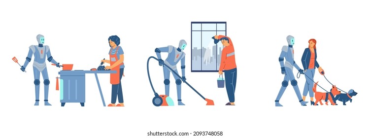 El asistente de robots ayuda a la gente con limpieza, limpieza y cuidado de mascotas, ilustración vectorial de dibujos planos aislados en fondo blanco. Auxiliar de robots para las tareas domésticas.