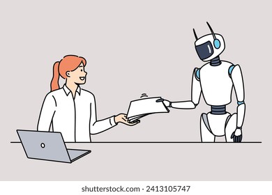 Robot assistant helps woman office worker by handing over documents and eliminating routine paperwork. Businesswoman with laptop uses services of robot to increase productivity in performing tasks.