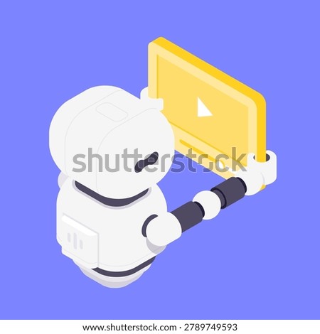 Robot assistant holding video player window with play button for multimedia content. Artificial intelligence, media, streaming, entertainment and playback concept. Modern isometric vector illustration