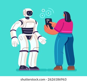 Robot assistant and human. Robotics, engineering technologies. Machine learning of artificial intelligence