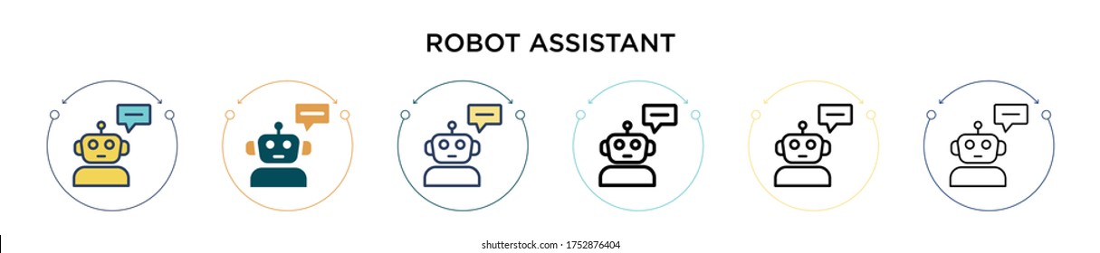 Robot assistant icon in filled, thin line, outline and stroke style. Vector illustration of two colored and black robot assistant vector icons designs can be used for mobile, ui, web