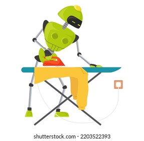 Robot assistant ironing clothes vector flat icon isolated on white background. AI robotic machine working chores, doing housework illustration. Artificial intelligence futuristic technology concept