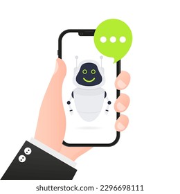 Robot assistant on the phone. Artificial intelligence. Digital brain neural network, AI servers and robots technology, artificial bot. Online communication with chat bot concept. Vector illustration