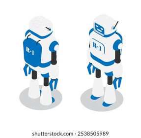 Assistente de robô na linha de transporte de produção, assistente industrial inteligente para trás e vista frontal. Tecnologias do futuro. Vetor 3D isométrico isolado isolado em plano de fundo branco