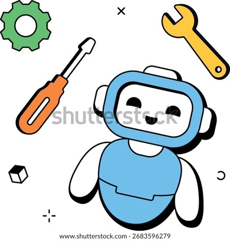 Robot assistant with repair tools. Flat 2D scene for maintenance, tech support, diagnostics, and service operations. Good for help content and portals.