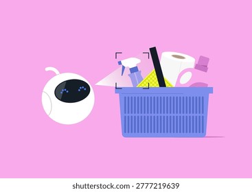 A robot assistant scanning Delightful cleaning products ready for a sparkling home during a cheerful shopping trip