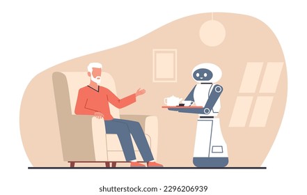 Robot assistant serves food and drink to elderly man, mechanical caregiver concept. electronic assistant in nursing home, future lifestyle. Vector cartoon flat isolated cyborg illustration