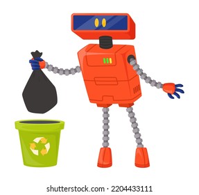 Robot assistant take trash out vector flat icon isolated on white background. AI robotic machine working chores, doing housework illustration. Artificial intelligence futuristic technology concept