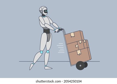 Robot-Assistent mit track liefert Pakete an Kunden. Virtueller, digitaler humanoider Helfer-Träger liefert an den Kunden. Moderne Technologie, Innovation. Flache Vektorgrafik. 