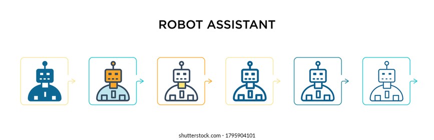 Robot assistant vector icon in 6 different modern styles. Black, two colored robot assistant icons designed in filled, outline, line and stroke style. Vector illustration can be used for web, mobile,