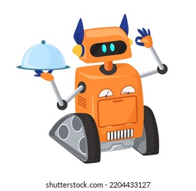 Robot assistant waiter serving food vector icon isolated on white background. Artificial intelligence futuristic technology concept. AI robotic machine holding tray plate illustration