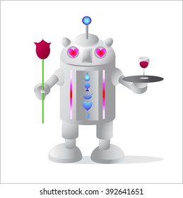 Robot Assistant welcomes home from a business trip or traveling and all prepared for a holiday home. The robot takes a tray with a glass of red wine and a flower. Robot bored and glad his master.