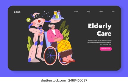 Robot Assistants concept. A caring android tends to the needs of an elderly woman in a wheelchair. Comfort and innovation in modern elderly care. Vector illustration.