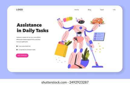 Robot Assistants concept. An efficient multitasking robot helps with household chores, carrying groceries and serving food. Household automation and convenience. Vector illustration.