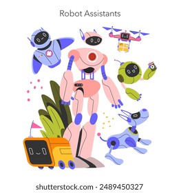 Concepto de asistentes de robots. Ilustración que muestra diversos androides para varias tareas rodeados de Elementos juguetones. Robots auxiliares para el hogar y profesionales. Ilustración vectorial.