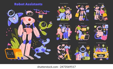 Robot Assistants set. Diverse robotic helpers engaging in daily activities, healthcare, and companionship. Technological aid across various scenarios. Vector illustration.