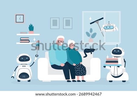 Robot assistants work at home. Automated helpers cleaning room, ironing, carrying laundry. Smart ai machines or appliance for old people. Happy elderly couple sitting on sofa. flat vector illustration