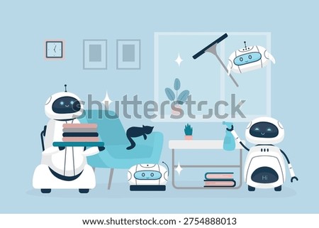 Robot assistants work at home. Automated helpers cleaning room, ironing, carrying laundry. Smart ai machines or appliance for people. New innovative technologies. flat vector illustration
