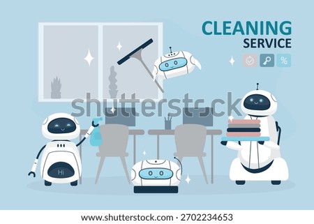 Robot assistants work at office. Automated helpers cleaning room, carrying laundry. Smart ai machines or appliance for business people. Group of robot janitors washing windows and furniture. vector