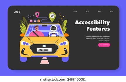Robot Assisted Driving concept. A friendly automaton navigates for a human driver, enhancing on-road safety and reliability. Future of transportation technology. Vector illustration.
