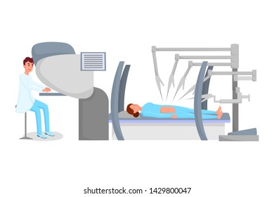 Robot assisted surgery flat vector illustration. Surgeon and patient under anesthesia cartoon characters. Young doctor performing remote surgical procedure with high tech equipment, modern medicine