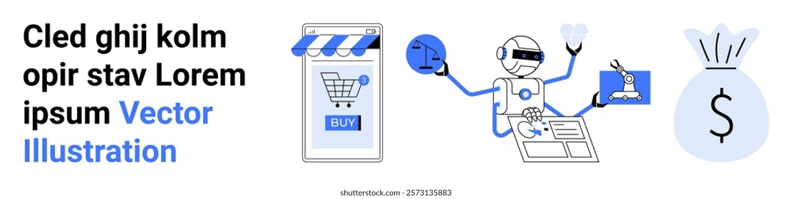 Robot assisting with e-commerce tasks beside a mobile shopping app and a money bag. Ideal for technology, e-commerce, automation, artificial intelligence, and digital services. Banner for landing