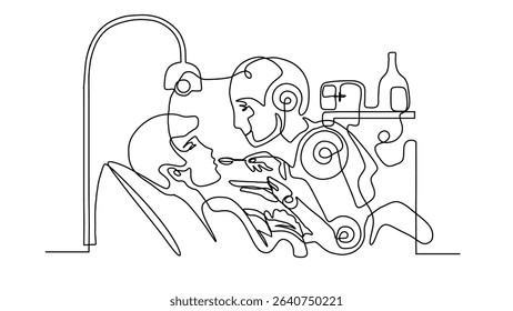 Robot Assists Caring for Sick Person with Feeding in Modern Environment. Continuous Line.