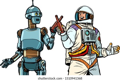 Robot and astronaut drink beer together. Pop art retro vector illustration drawing vintage kitsch