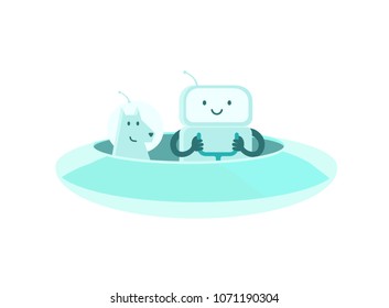 Robot astronaut man alien character with dog. On UFO flying saucer in space. Flat color vector illustration stock clipart