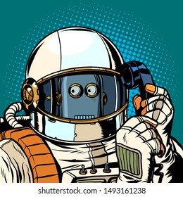 Robot astronaut talking on the phone. Pop art retro vector illustration drawing