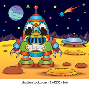 Robot astronaut and ufo on the moon
