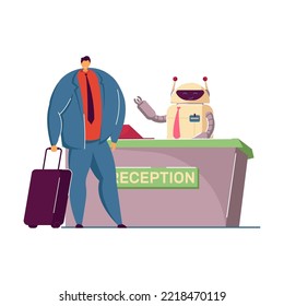 Robot as attendants. Flat vector illustration. Robotic receptionist and porter helping guests with checking in and out of hotel. Technologies