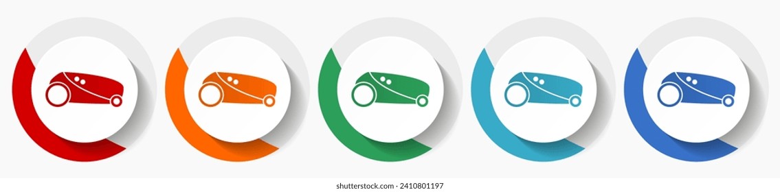 Robot, automatic grass mower vector icon set, flat icons for logo design, webdesign and mobile applications, colorful round buttons