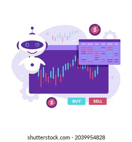 Robot automatic stock trading illustration design concept. Illustration for websites, landing pages, mobile applications, posters and banners.